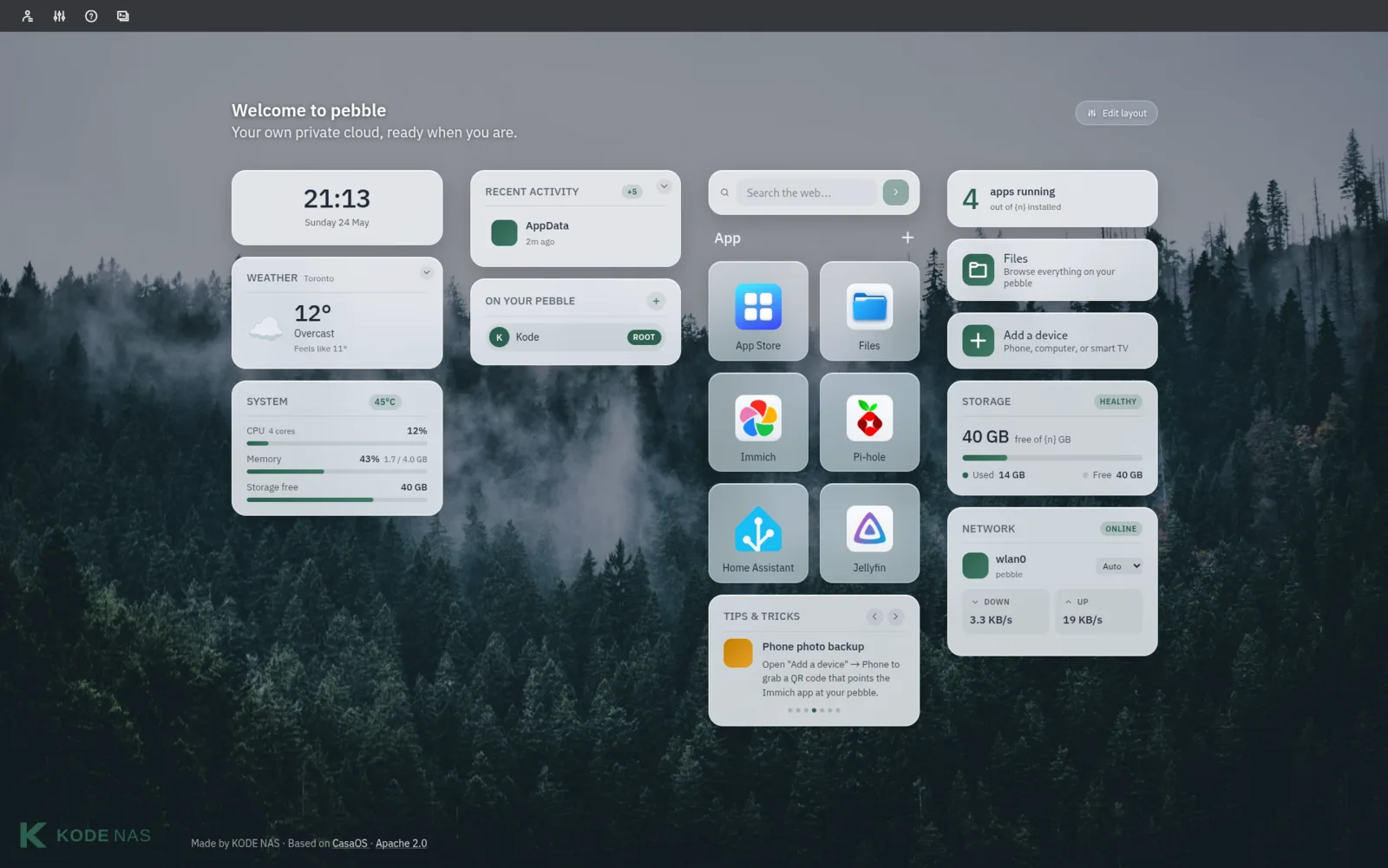 The KODE OS dashboard — a welcome screen with widgets for time, weather, files, apps, storage and network.